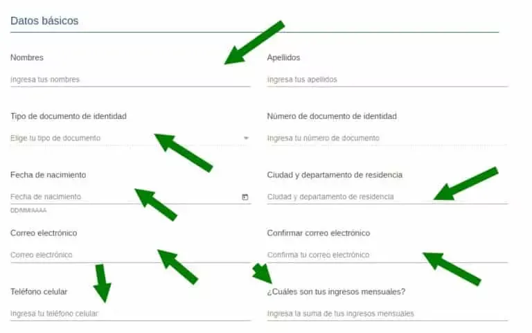 Formulario para solicitar la tarjeta BANCOLOMBIA en linea