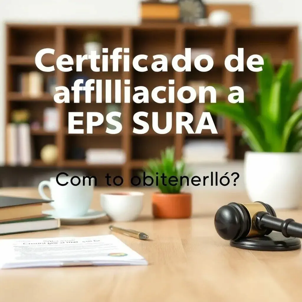 Imagen que muestra un certificado de afiliación a EPS SURA sobre una mesa de trabajo. En el fondo se ven libros y plantas decorativas, así como una taza de café y un bolígrafo. El texto en la imagen pregunta cómo obtener el certificado.