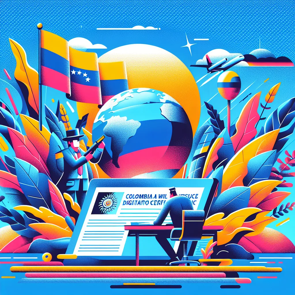 Illustrative graphic: Colombia's digital export certificates to Uruguay. Person working on laptop, globe, and Colombian flag.