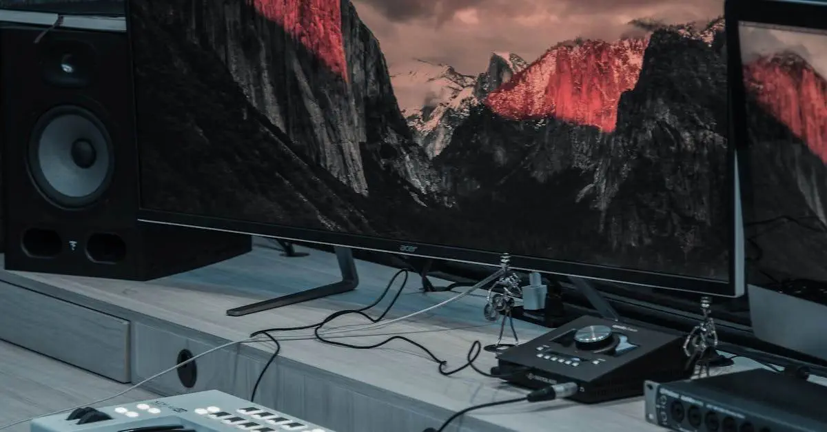 Imagen de un espacio de trabajo creativo que incluye un monitor Acer con una impresionante imagen de montañas y un atardecer. A la izquierda, se observa un altavoz de audio, ideal para producción musical, mientras que en la parte inferior se encuentra un controlador MIDI y un dispositivo de audio, que son esenciales para la creación de música digital. Este entorno está diseñado para maximizar la productividad y la creatividad en proyectos multimedia.