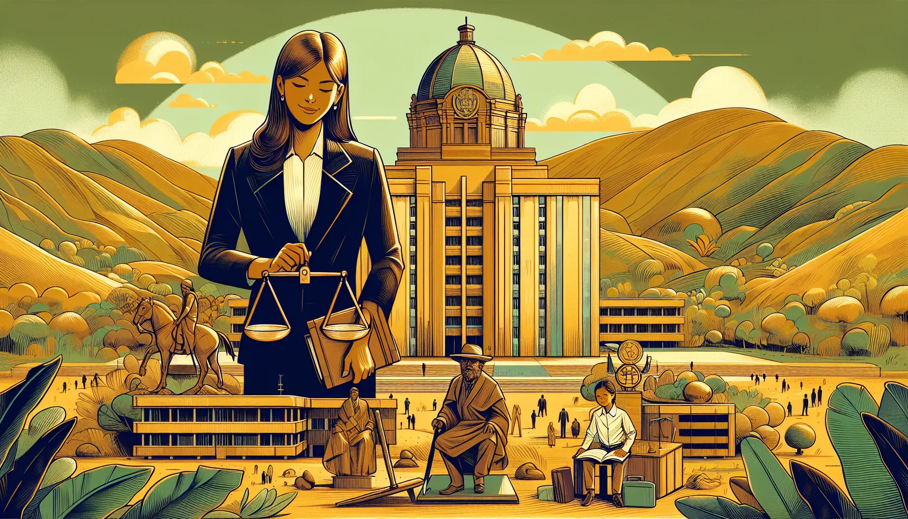 Ilustración que representa la justicia y el derecho, con una abogada sosteniendo balanzas frente a un edificio gubernamental. En el fondo, se aprecian escenas de diversas actividades relacionadas con la justicia, como un hombre a caballo, figuras sentadas y personas leyendo. El paisaje montañoso y los elementos arquitectónicos simbolizan la conexión entre la ley y la sociedad.