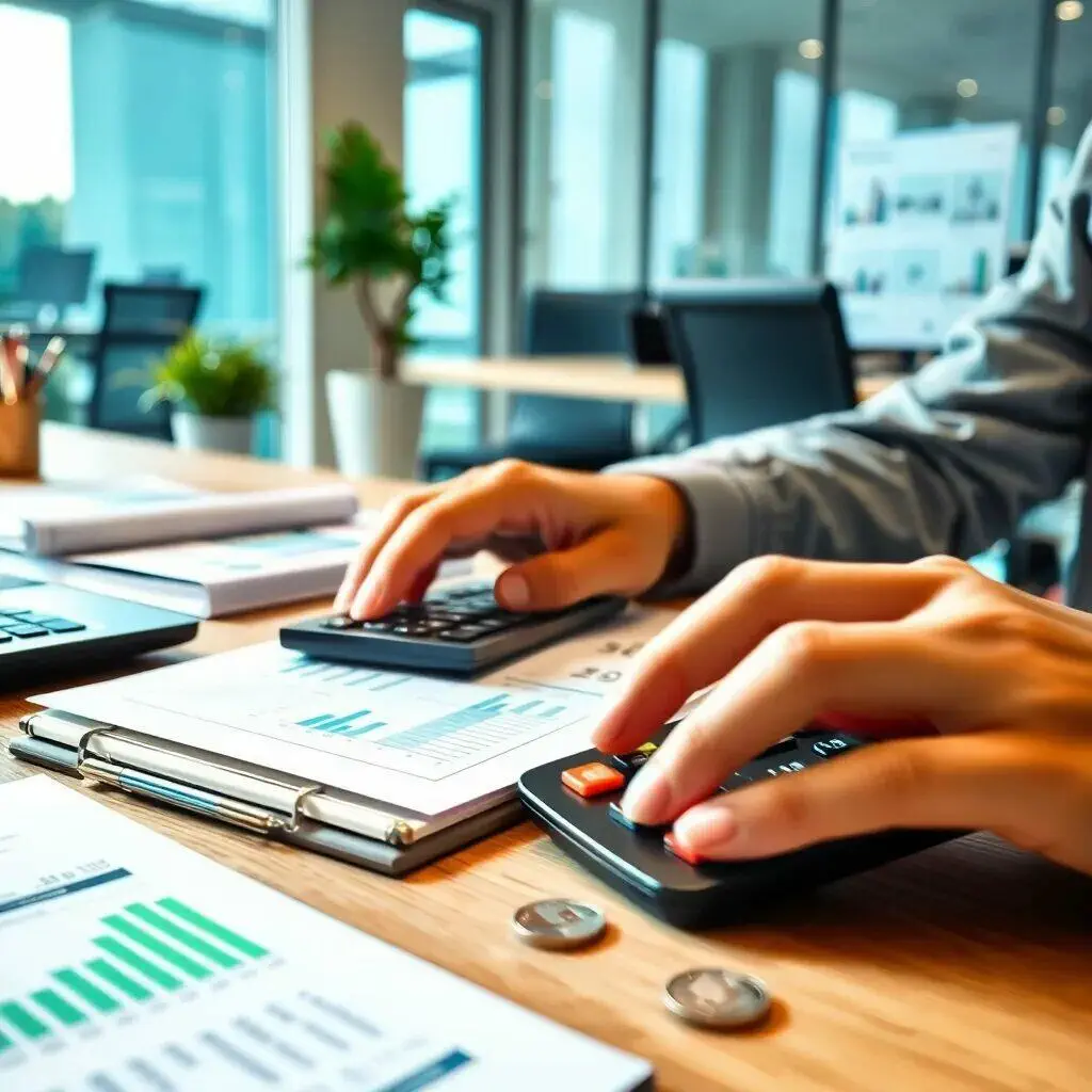 Texto alternativo: Persona realizando cálculos financieros en una oficina moderna. Sobre la mesa se observan hojas con gráficos, una calculadora y monedas. El ambiente es luminoso y profesional, ideal para actividades de análisis y planificación financiera.
