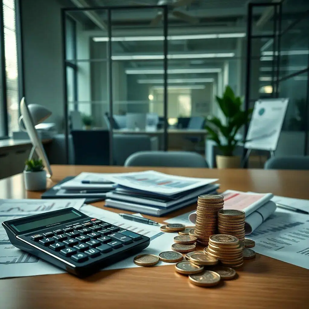 Imagen de un escritorio de oficina con una calculadora, monedas apiladas y documentos financieros. El ambiente es moderno y profesional, con luz natural que ilumina el espacio. Se pueden ver gráficos y reportes en la mesa, sugiriendo un análisis financiero. Ideal para temas relacionados con contabilidad, finanzas y gestión empresarial.