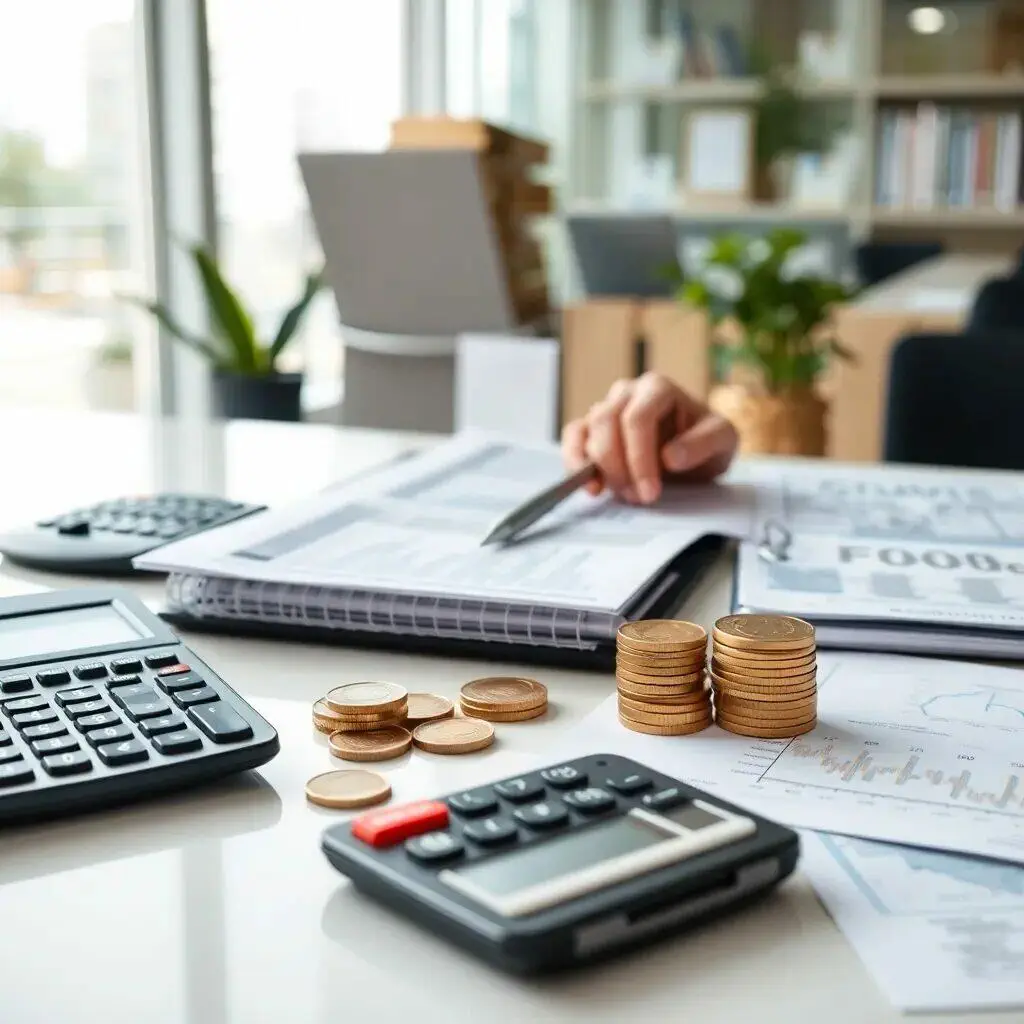 Imagen de un entorno de trabajo financiero, donde se observan varios documentos y gráficos sobre una mesa. Se destacan dos calculadoras y pilas de monedas que sugieren el análisis de datos económicos. Una mano sostiene un bolígrafo, indicando la revisión de informes financieros. Ideal para ilustrar temas relacionados con la contabilidad, la gestión financiera y el análisis de inversiones.