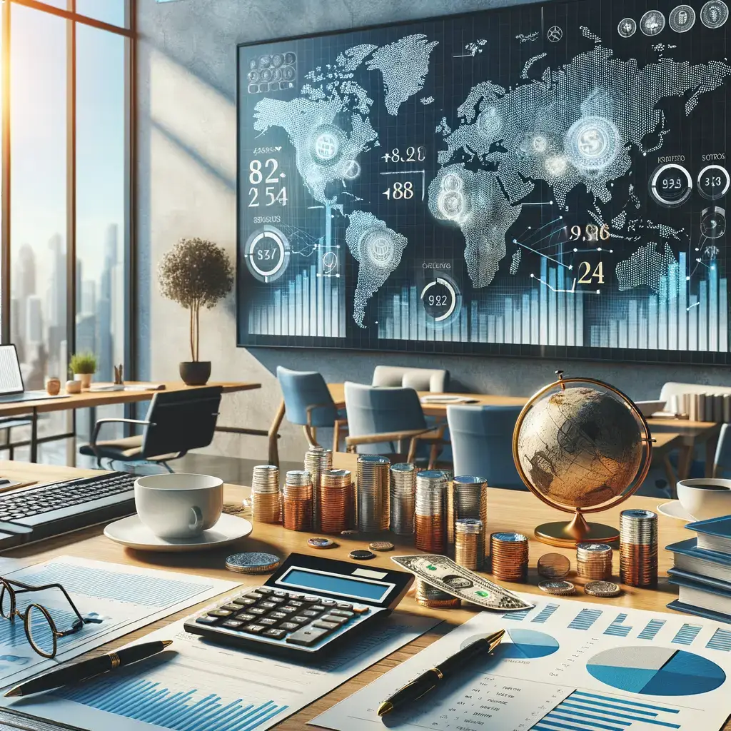 Imagen de un moderno espacio de oficina con un enfoque en finanzas y análisis de datos. En el fondo, se destaca un gran mapa mundial digitalizado que muestra estadísticas financieras y gráficas de crecimiento. En la mesa, se observan elementos como un globo terráqueo, monedas apiladas, una calculadora, informes gráficos y una taza de café, lo que refleja un ambiente profesional y productivo. Este entorno es ideal para el trabajo en el sector financiero y el análisis de mercado
