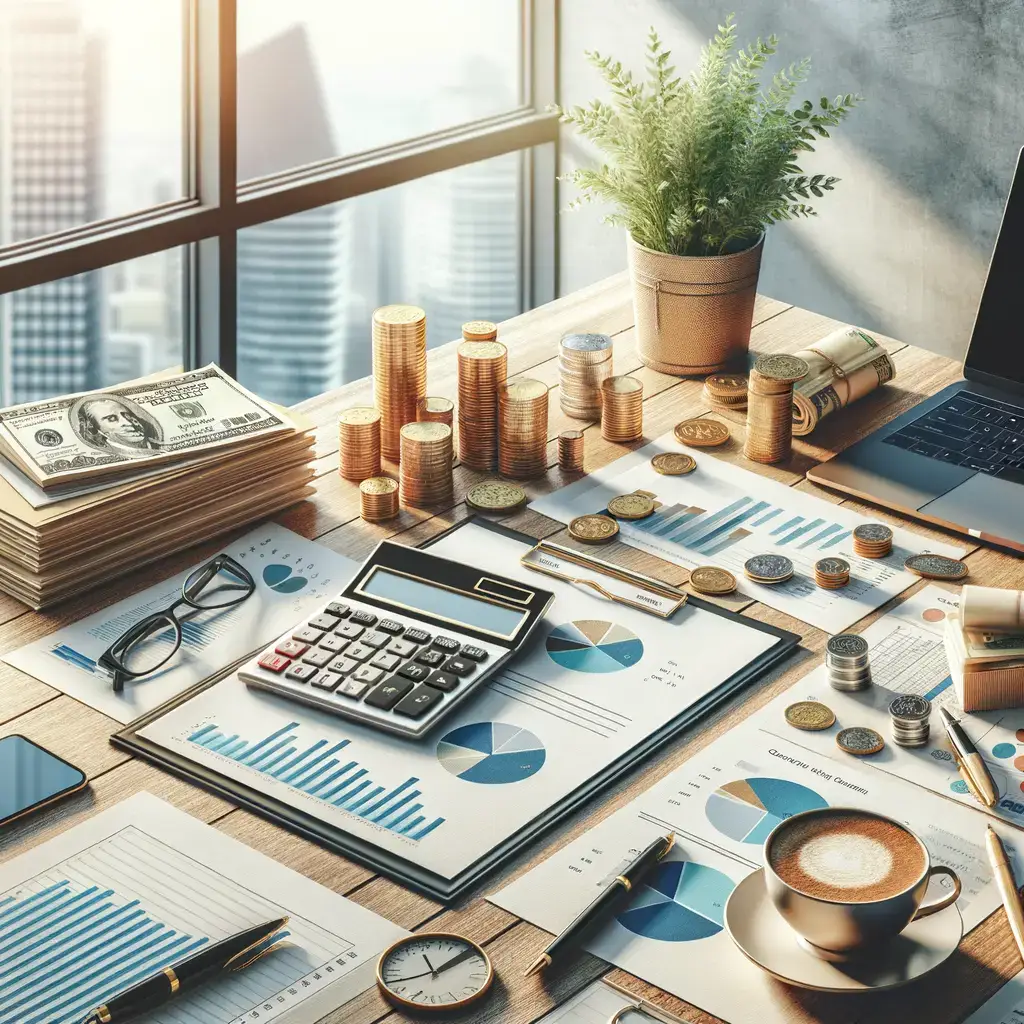 Imagen de un escritorio de oficina moderno con elementos financieros. Se observa una calculadora, gráficos de análisis financiero, monedas y billetes apilados, junto con documentos y un ordenador portátil. La escena refleja un ambiente de trabajo productivo, ideal para la gestión de finanzas y planificación de inversiones. También destaca una planta decorativa y una taza de café, añadiendo un toque acogedor al espacio.