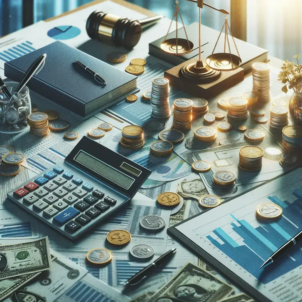 Imagen que representa un entorno de trabajo financiero y legal. En la mesa se observa una calculadora, un libro, un bolígrafo, y un martillo de juez, junto a gráficos y hojas de análisis financiero. También hay pilas de monedas y billetes, simbolizando el manejo de dinero y la contabilidad. La balanza de la justicia se encuentra en el fondo, destacando la relación entre finanzas y aspectos legales. Esta imagen es ideal para temas relacionados con la asesoría