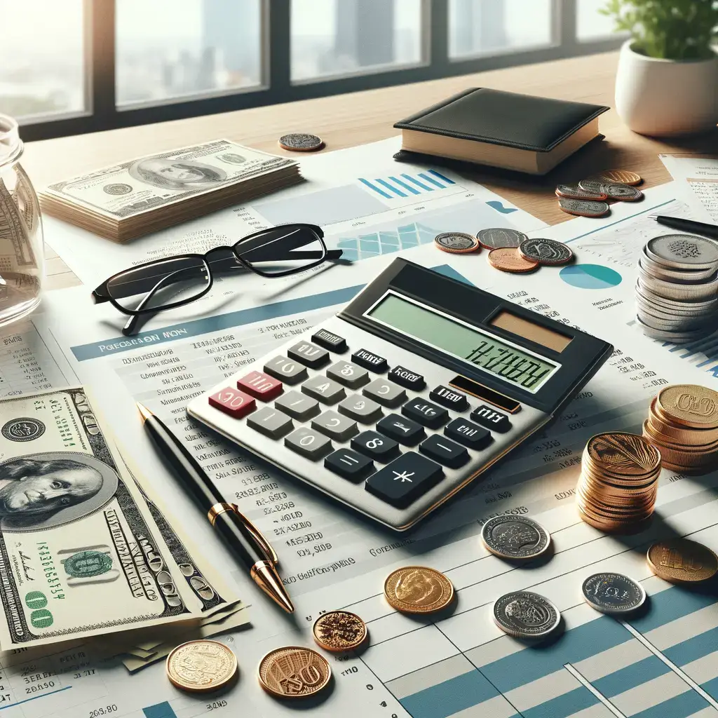 Imagen que muestra un escritorio de trabajo con herramientas financieras. En el centro, una calculadora sobre gráficos y documentos financieros. A su alrededor, billetes de dólar, monedas de diferentes denominaciones, unas gafas y un bolígrafo. La escena sugiere un ambiente de análisis contable y gestión de presupuestos, ideal para ilustrar temas de finanzas personales o empresariales.