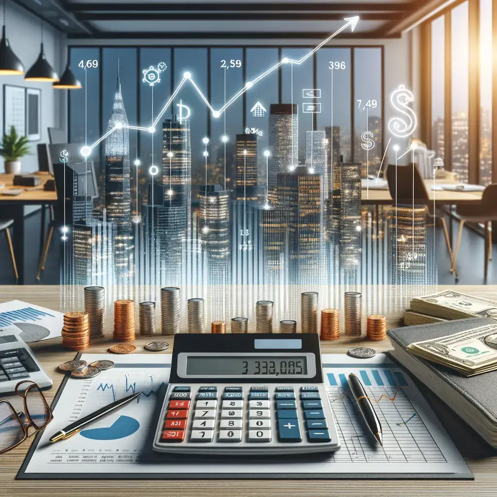 Imagen de un entorno de oficina moderno con un enfoque en finanzas y análisis de datos. En la mesa se observa una calculadora, gráficos financieros, monedas apiladas y billetes de dólar. Al fondo, una vista urbana con rascacielos iluminados, acompañada de visualizaciones de datos y tendencias de crecimiento en forma de gráficos. Esta imagen representa la planificación financiera, la inversión y el análisis de mercado en un contexto profesional. Ideal para temas relacionados con finanzas, contabilidad
