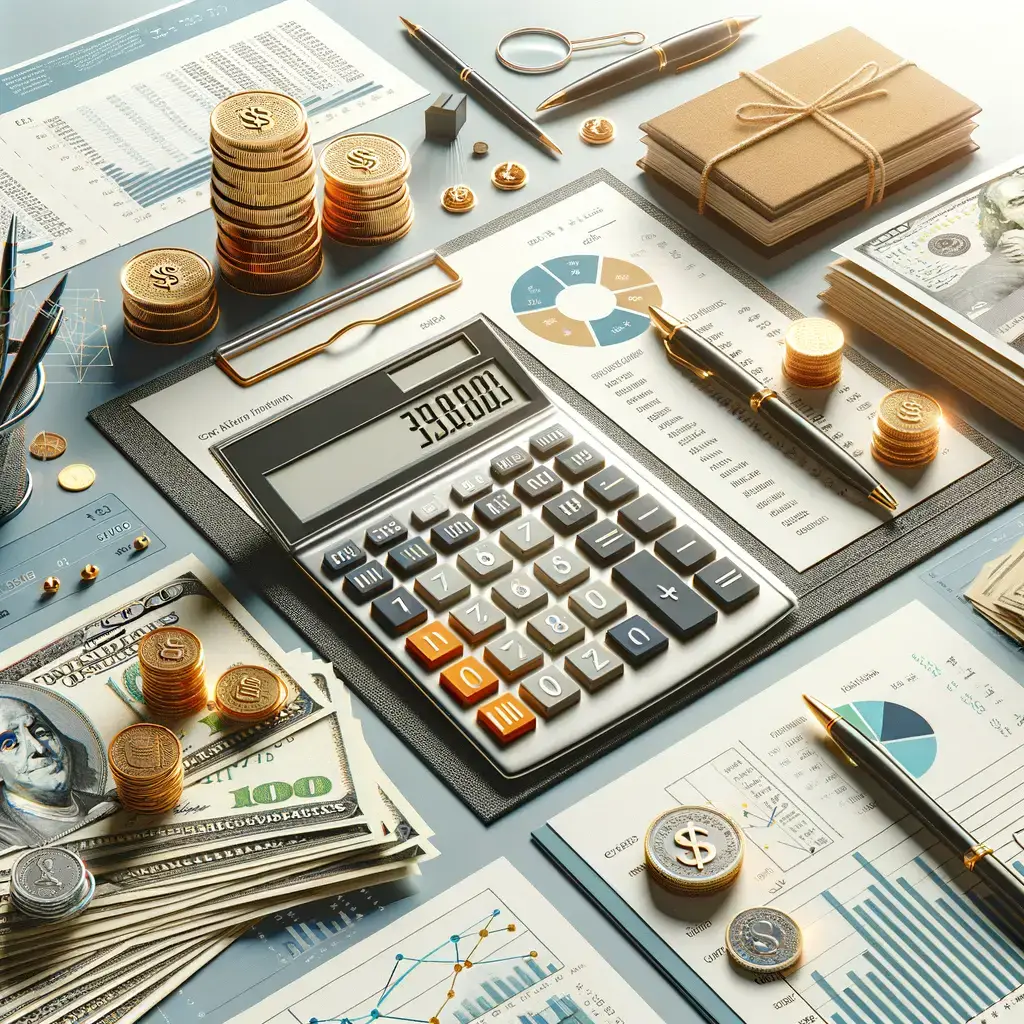 Mesa de trabajo con calculadora, billetes de dólar, monedas apiladas y documentos financieros que incluyen gráficos y tablas. Elementos de oficina como bolígrafos y clips organizan la información. La calculadora muestra un total de 39,800, reflejando un enfoque en la contabilidad y la gestión financiera. Ideal para temas de finanzas y administración.
