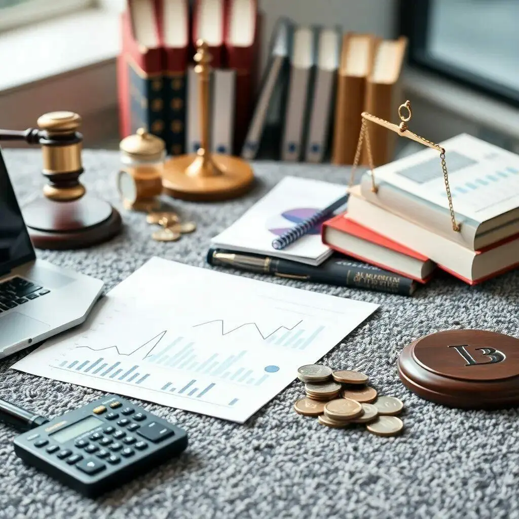 Mesa de trabajo con documentos financieros, gráficos en papel, calculadora, monedas, un ordenador portátil, libros de derecho y un martillo de juez. También se observa una balanza de justicia y un objeto de madera con una letra B, representando un entorno profesional relacionado con el derecho y las finanzas.