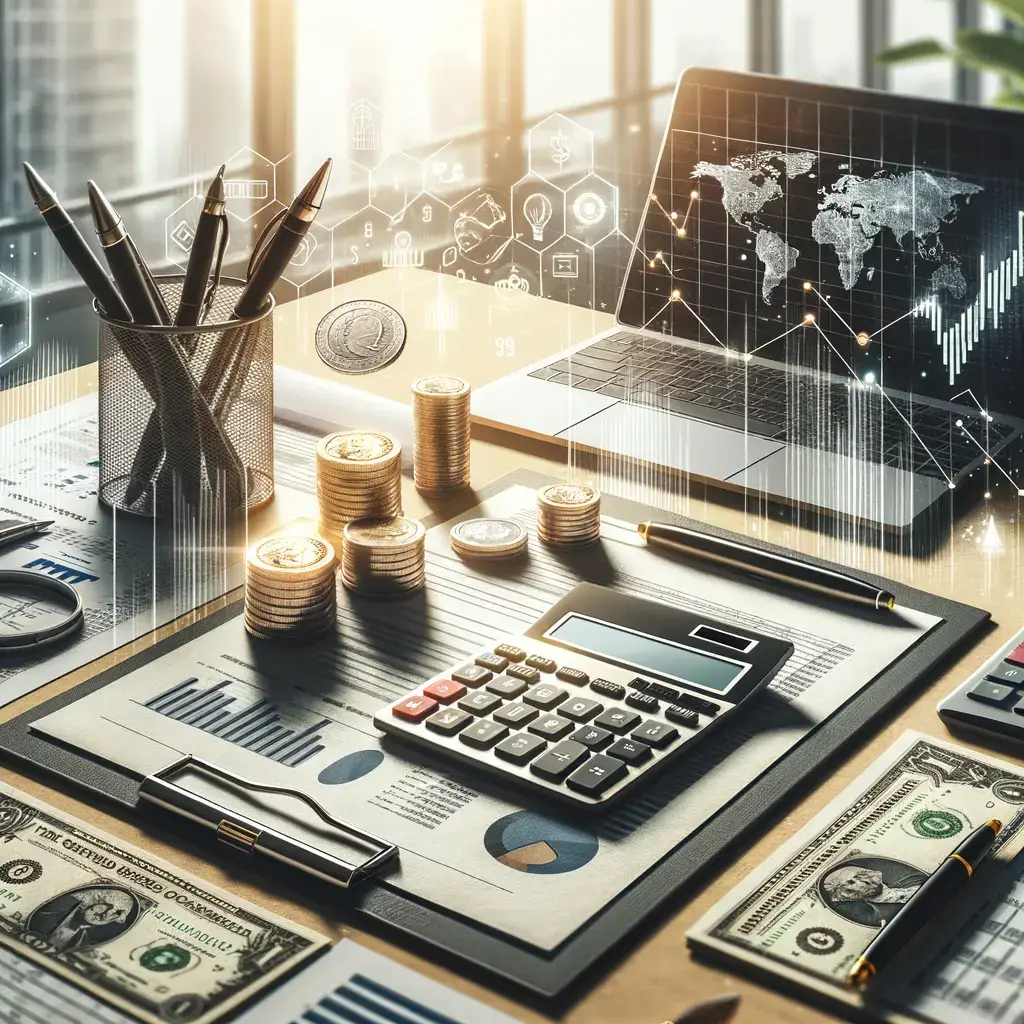 Imagen que muestra una mesa de trabajo con elementos financieros. En el centro, hay una calculadora y gráficos sobre documentos. Alrededor, se apilan monedas y billetes de dólar, junto a un ordenador portátil que exhibe un mapa mundial y gráficos de análisis. También se ven bolígrafos y un portalápices, sugiriendo un ambiente de trabajo profesional enfocado en la contabilidad y las finanzas. Ideal para ilustrar temas relacionados con la gestión financiera, inversiones y análisis de