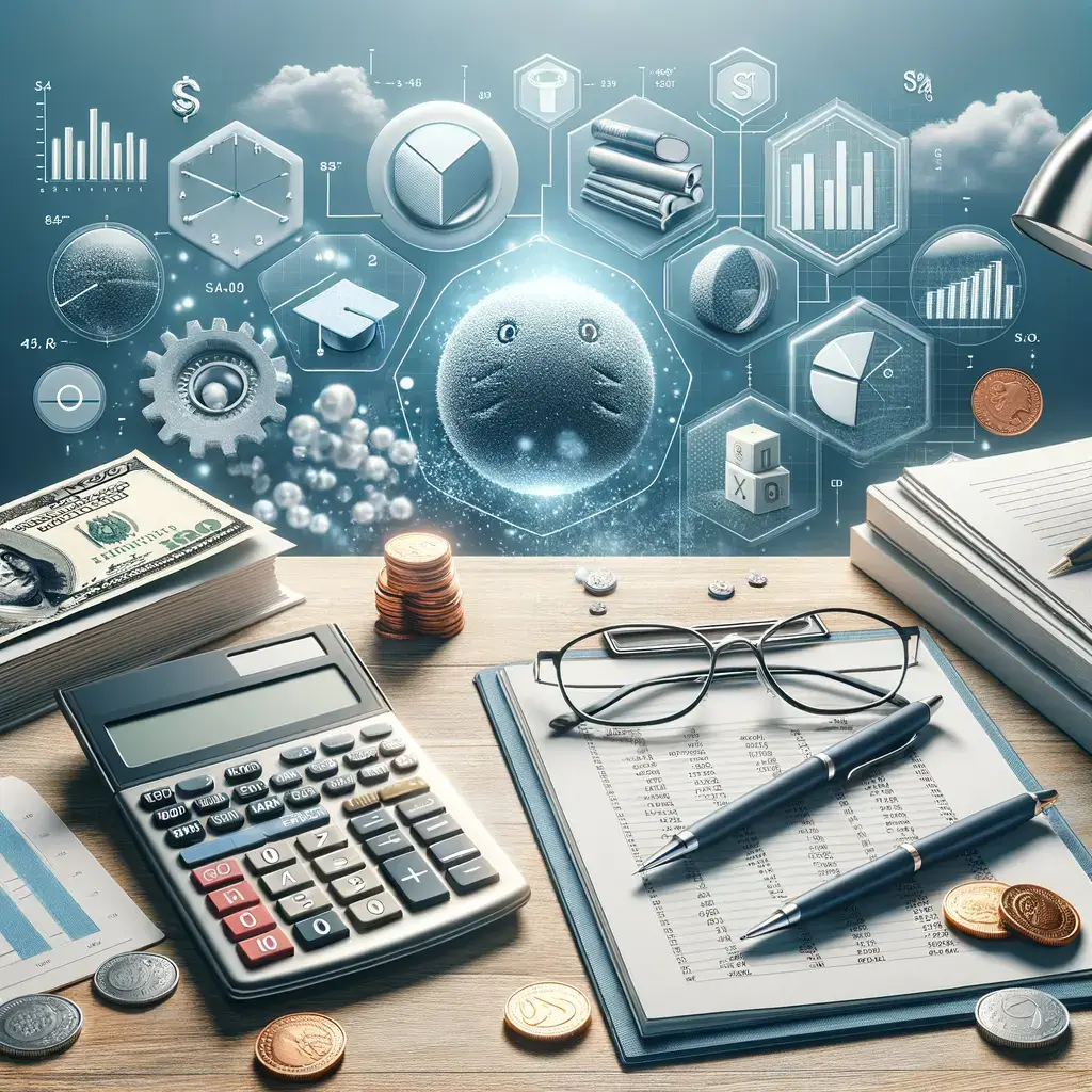 Imagen que muestra un entorno de trabajo financiero y contable, con una calculadora, billetes y monedas sobre una mesa de madera. Se observan documentos con gráficos y datos financieros, junto a dos bolígrafos y unas gafas. En el fondo, se visualizan elementos gráficos como gráficos de barras, íconos de dinero y libros, que representan análisis de datos y economía. La composición sugiere un enfoque en la gestión financiera y el análisis contable, ideal para profesionales en el