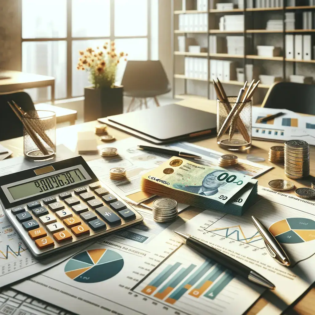 Imagen de un entorno de oficina con una calculadora, billetes y monedas sobre una mesa. Se observan gráficos y documentos financieros, lo que sugiere un análisis contable o financiero. La luz natural entra por la ventana, creando un ambiente cálido y profesional, ideal para la gestión de presupuestos y planificación económica. Elementos como plumas y un portafolios completan la escena, reflejando un espacio de trabajo organizado y enfocado en la productividad.