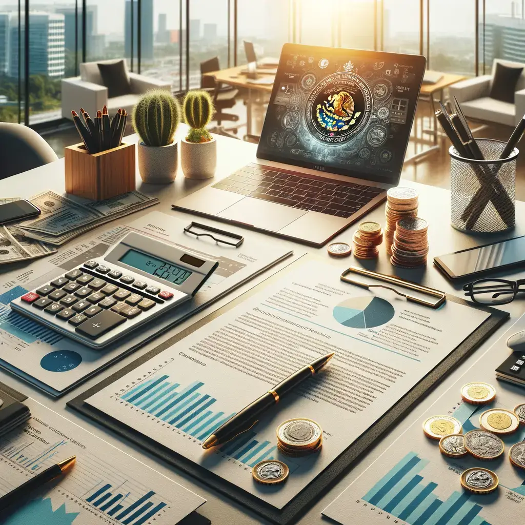 Escritorio de oficina moderno con documentos financieros, gráficos y un computador portátil. Incluye una calculadora, bolígrafos, monedas apiladas y plantas decorativas. La luz del sol entra por la ventana, iluminando el espacio de trabajo. Ideal para ilustrar temas de finanzas, contabilidad y productividad en entornos laborales.
