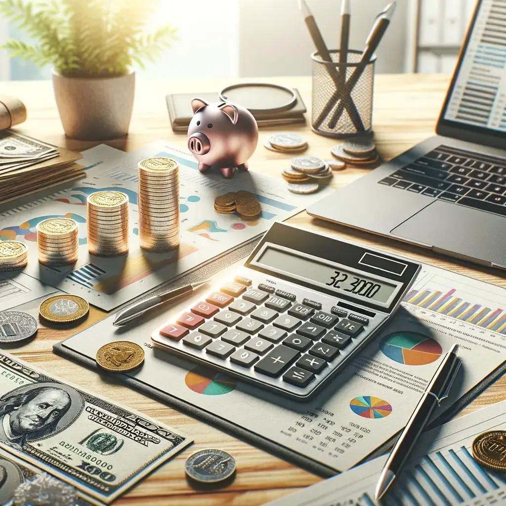Mesa de trabajo con una calculadora, un cerdito de ahorro, monedas y billetes de dólar, gráficos y documentos financieros, simbolizando la planificación y gestión de finanzas personales o empresariales.