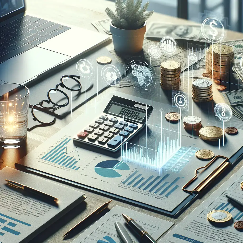 Imagen que representa un entorno de trabajo financiero, con una calculadora sobre documentos de análisis de datos, gráficos y estadísticas. Se observan monedas y billetes, junto con un ordenador portátil y gafas. Elementos digitales como íconos de dinero y gráficos emergen, simbolizando el análisis de datos financieros y la gestión de inversiones. Ideal para ilustrar temas relacionados con la contabilidad, finanzas y análisis de mercado.