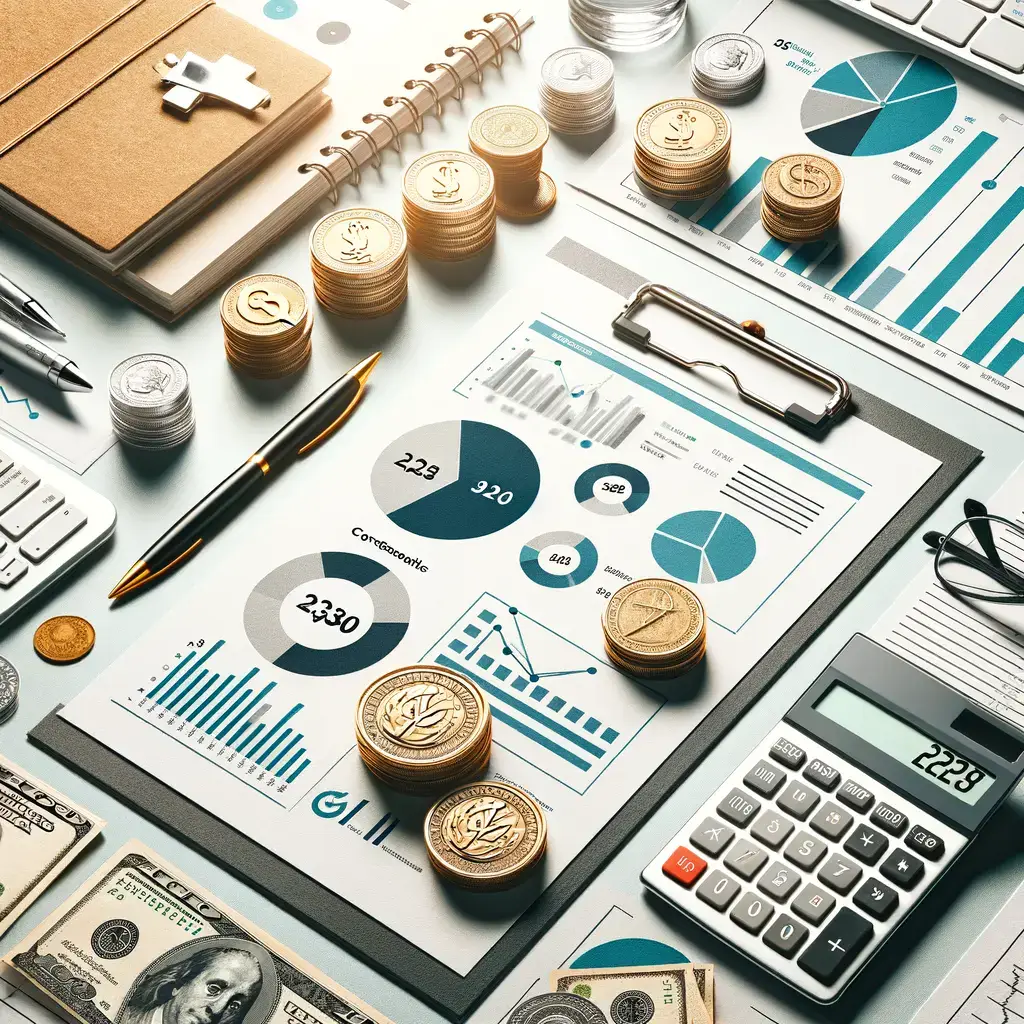 Imagen de un entorno de trabajo financiero que incluye monedas apiladas, gráficos de análisis de datos y herramientas de cálculo. En la mesa se encuentran documentos con estadísticas y reportes financieros, un bolígrafo dorado y una calculadora. Este escenario ilustra la planificación y gestión de recursos económicos, ideal para temas relacionados con finanzas, inversión y análisis de datos.