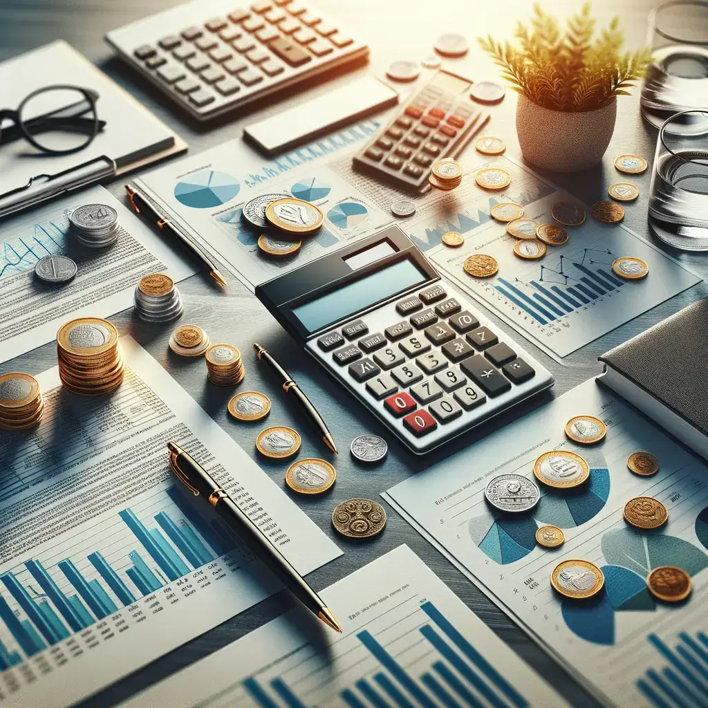 Mesa de trabajo con herramientas financieras, incluyendo calculadoras, monedas, gráficos y documentos. Se observan informes con datos estadísticos y análisis visuales, ideales para la planificación financiera y la gestión de inversiones. Elementos como bolígrafos y una planta decorativa aportan un toque profesional al entorno de trabajo. Esta imagen refleja un ambiente de análisis y toma de decisiones en el ámbito económico.