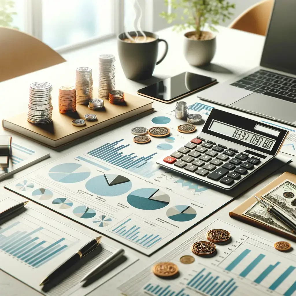 Mesa de trabajo con gráficos financieros, monedas apiladas, una calculadora, un portátil y una taza de café. Los documentos muestran análisis de datos en forma de gráficos de barras y pasteles que ilustran estadísticas económicas. La imagen refleja un ambiente de trabajo enfocado en la contabilidad y la gestión financiera.