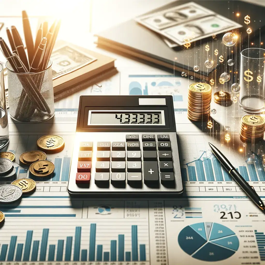 Imagen que muestra una calculadora financiera sobre un escritorio lleno de documentos y gráficos relacionados con el análisis económico. Alrededor, hay monedas de diferentes denominaciones y billetes de dólar, lo que sugiere un enfoque en la contabilidad y la gestión financiera. La luz resplandeciente añade un toque de dinamismo, mientras que símbolos de dinero flotan en el aire, evocando la idea de crecimiento y éxito financiero. Ideal para temas de finanzas, contabilidad y estrategias de inversión