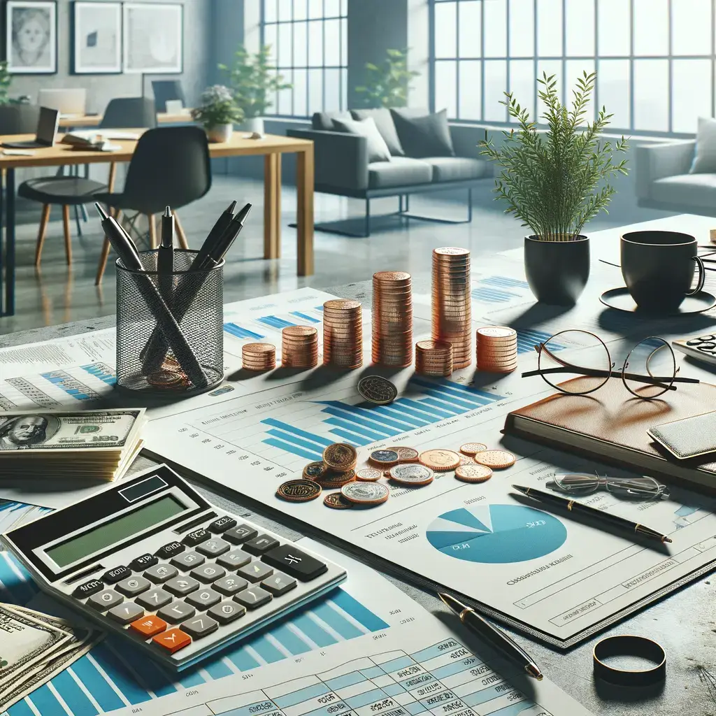 Mesa de trabajo en una oficina moderna con documentos financieros, gráficos de barras, monedas apiladas, un calculador, billetes de dólar y una planta decorativa. La escena refleja un ambiente profesional y organizado, ideal para la gestión de finanzas y análisis de datos.