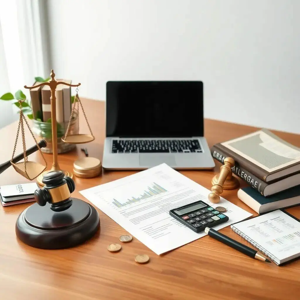 Escritorio de oficina legal con elementos esenciales para abogados. Se observa un ordenador portátil, una balanza de justicia, un martillo de juez, documentos con gráficos y un calculador. Estos elementos representan la organización y el análisis en el ámbito jurídico. El ambiente es profesional, ideal para la práctica legal y el estudio de casos.