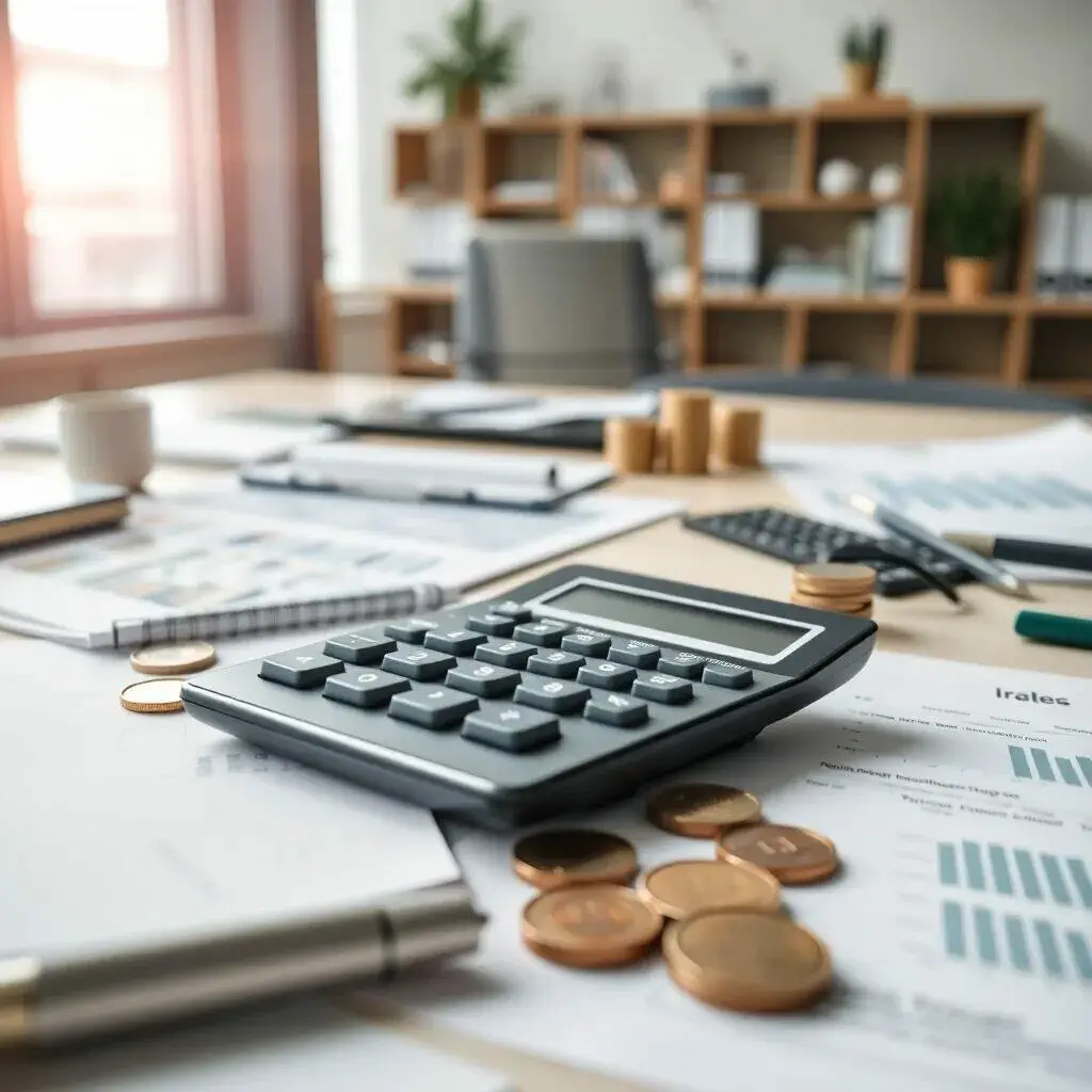 Mesa de trabajo con calculadora, monedas, documentos financieros y gráficos. El entorno muestra un espacio de oficina moderno y luminoso, ideal para la contabilidad y la planificación financiera. Elementos como una taza de café y un cuaderno añaden un toque de productividad y organización.