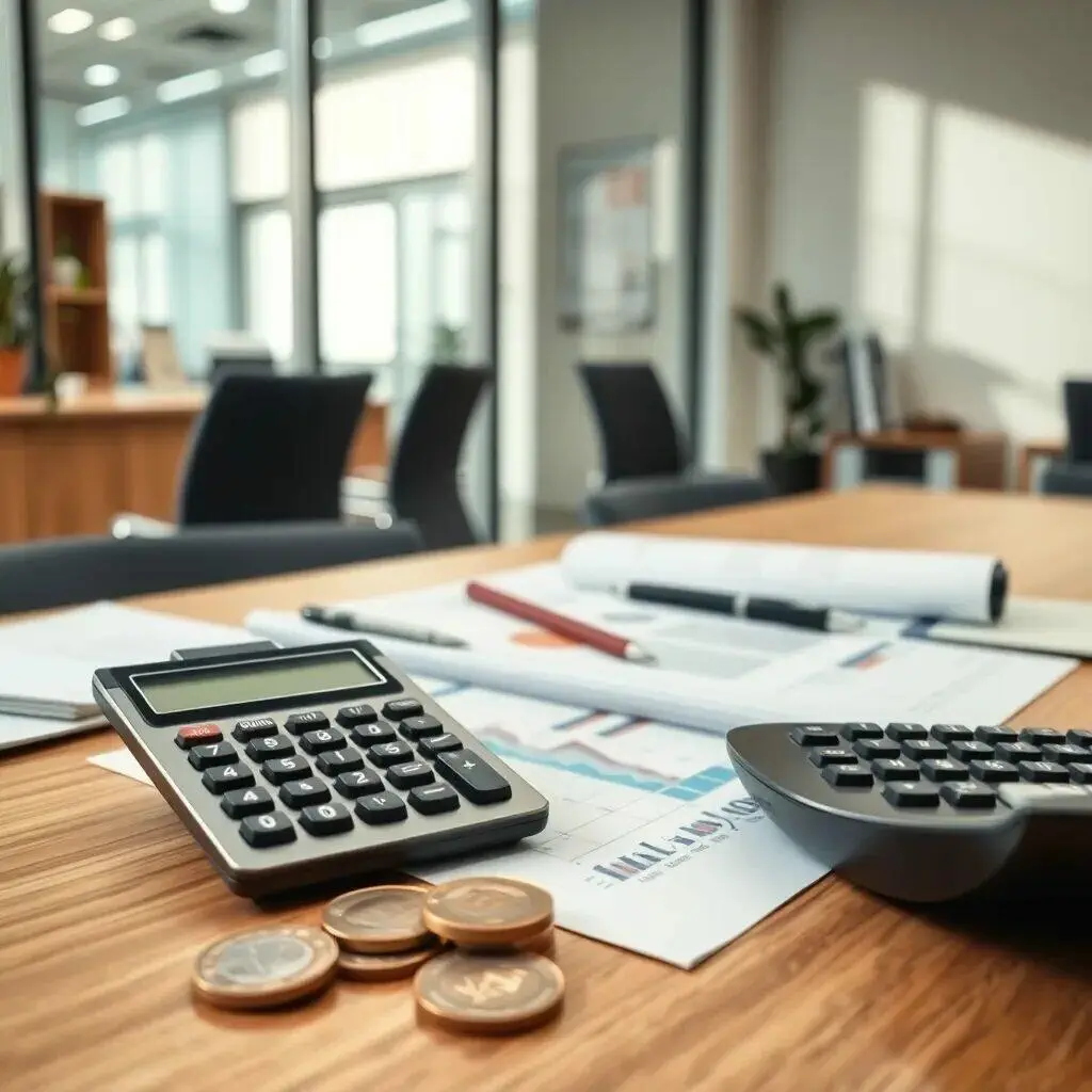 Imagen de un escritorio de oficina moderno con una calculadora, monedas y documentos financieros. En el fondo, se pueden ver sillas y un ambiente luminoso. La imagen refleja un entorno de trabajo enfocado en la contabilidad y la gestión financiera, ideal para temas relacionados con finanzas, administración de empresas y productividad en el ámbito laboral.