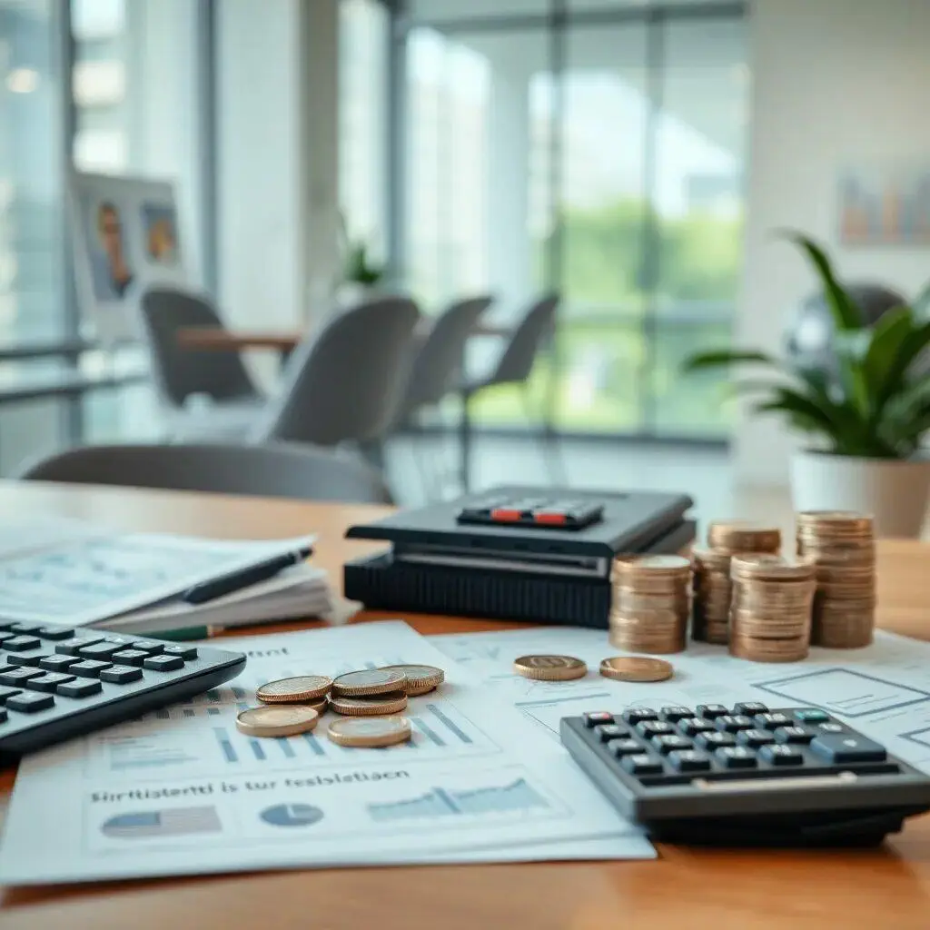 Imagen de un entorno de oficina moderna con una mesa de trabajo que exhibe documentos financieros, monedas apiladas y calculadoras. En el fondo, se pueden observar sillas y una planta decorativa, mientras que grandes ventanales permiten la entrada de luz natural. Esta escena refleja un ambiente propicio para la planificación financiera y el análisis de datos. Ideal para ilustrar temas de contabilidad, finanzas personales o gestión empresarial.