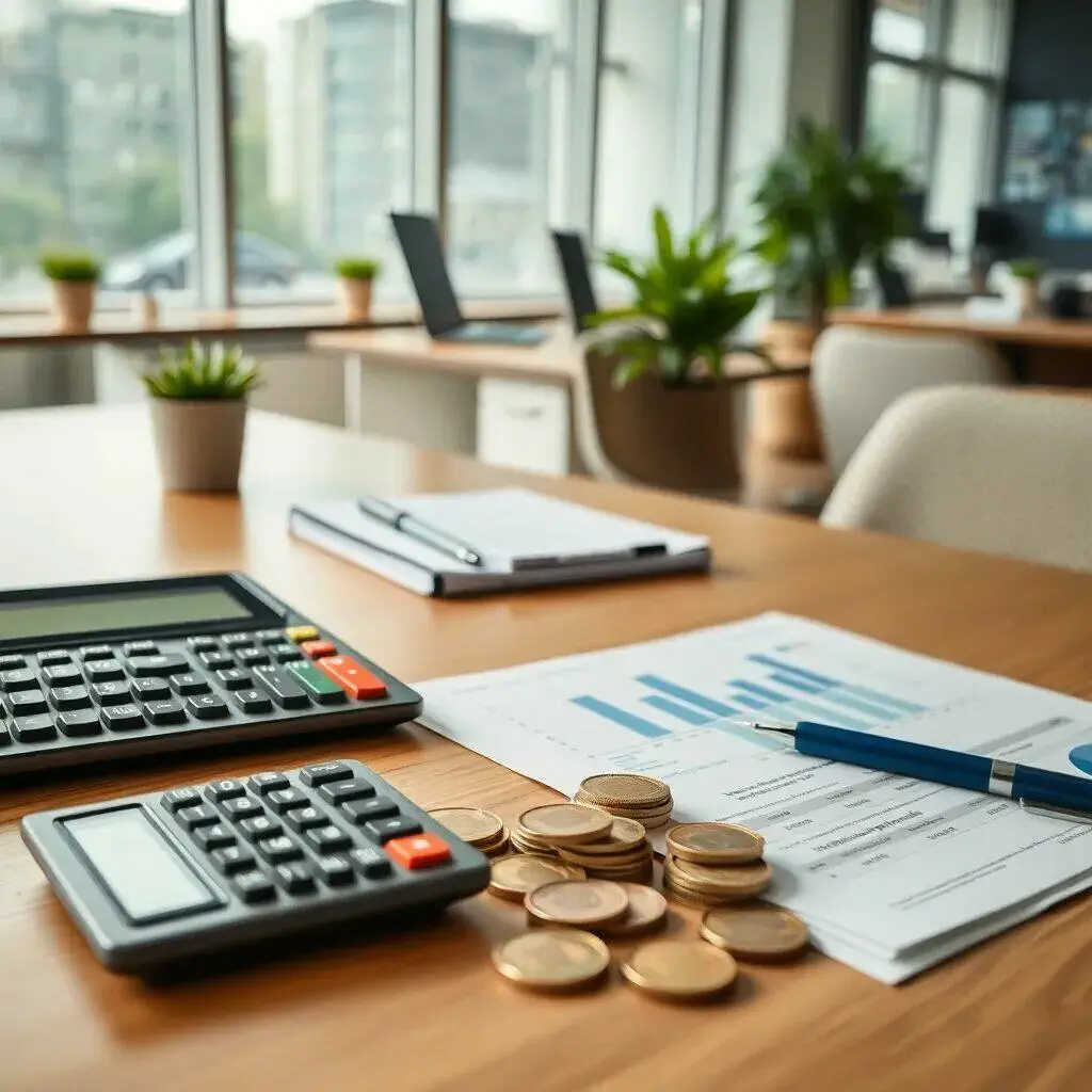 Imagen de un escritorio de oficina moderna con herramientas financieras. Se observa una calculadora, monedas apiladas y documentos con gráficos de análisis financiero. En el fondo, hay laptops y plantas decorativas que aportan un ambiente profesional y acogedor. Este espacio es ideal para la planificación y gestión de finanzas, resaltando la importancia de un entorno organizado para el trabajo contable y administrativo.