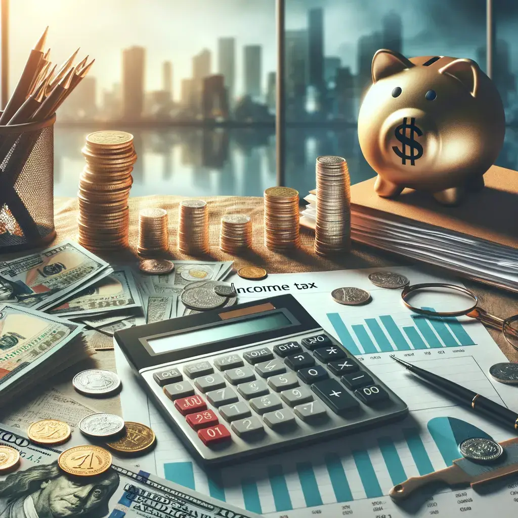 Imagen que muestra un entorno financiero con una calculadora, billetes y monedas esparcidos sobre una mesa. Se observa un cerdito de ahorro dorado y gráficos relacionados con impuestos sobre la renta. El fondo presenta un paisaje urbano desenfocado, sugiriendo un ambiente de trabajo profesional. Este escenario ilustra la planificación financiera y la gestión de impuestos, destacando la importancia del ahorro y la inversión. Ideal para temas de finanzas personales, contabilidad y asesoría fiscal.