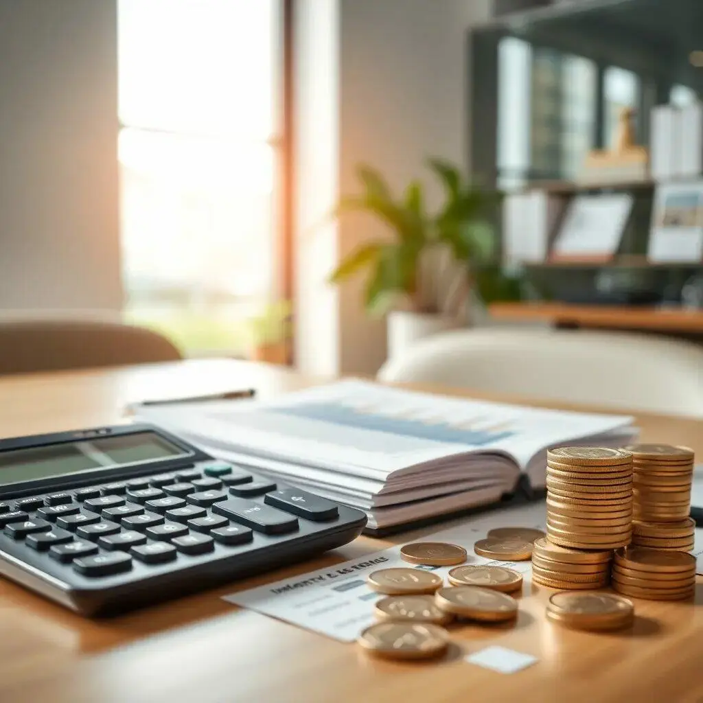 Imagen de un escritorio de oficina con una calculadora, monedas apiladas y un libro abierto. La escena sugiere un ambiente de trabajo enfocado en finanzas y contabilidad. La luz natural entra por una ventana, creando un ambiente cálido y productivo. Ideal para temas relacionados con la gestión financiera, planificación económica y ahorro.