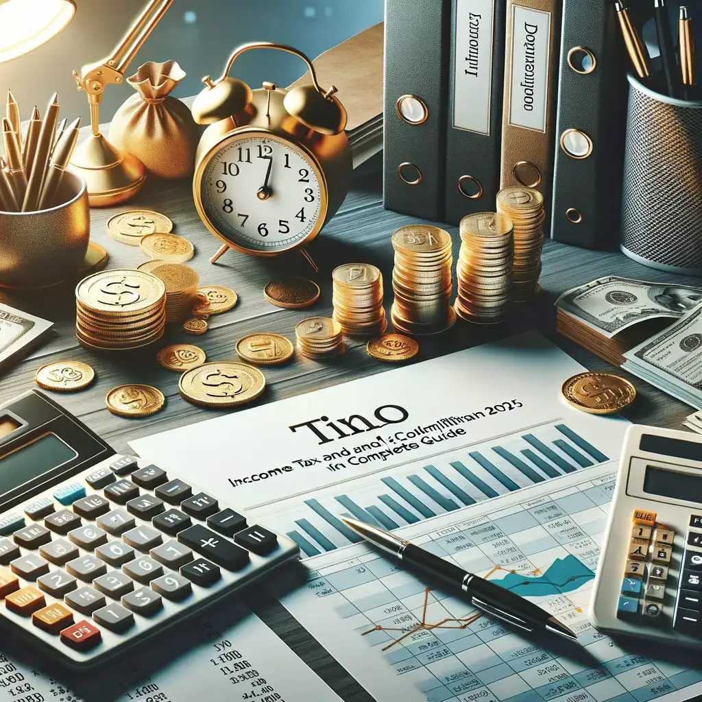 Mesa de trabajo con documentos financieros, calculadora, gráfico de ingresos, monedas apiladas, billetes y un reloj despertador. La imagen refleja un ambiente de planificación y gestión financiera, ideal para temas de contabilidad y asesoría fiscal.