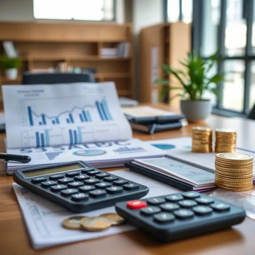 Texto alternativo: Oficina moderna con documentos financieros, gráficos y calculadoras sobre una mesa de trabajo. Se observan monedas apiladas y una planta decorativa, lo que sugiere un ambiente de análisis y gestión de recursos económicos. Ideal para temas de finanzas, contabilidad y planificación empresarial.