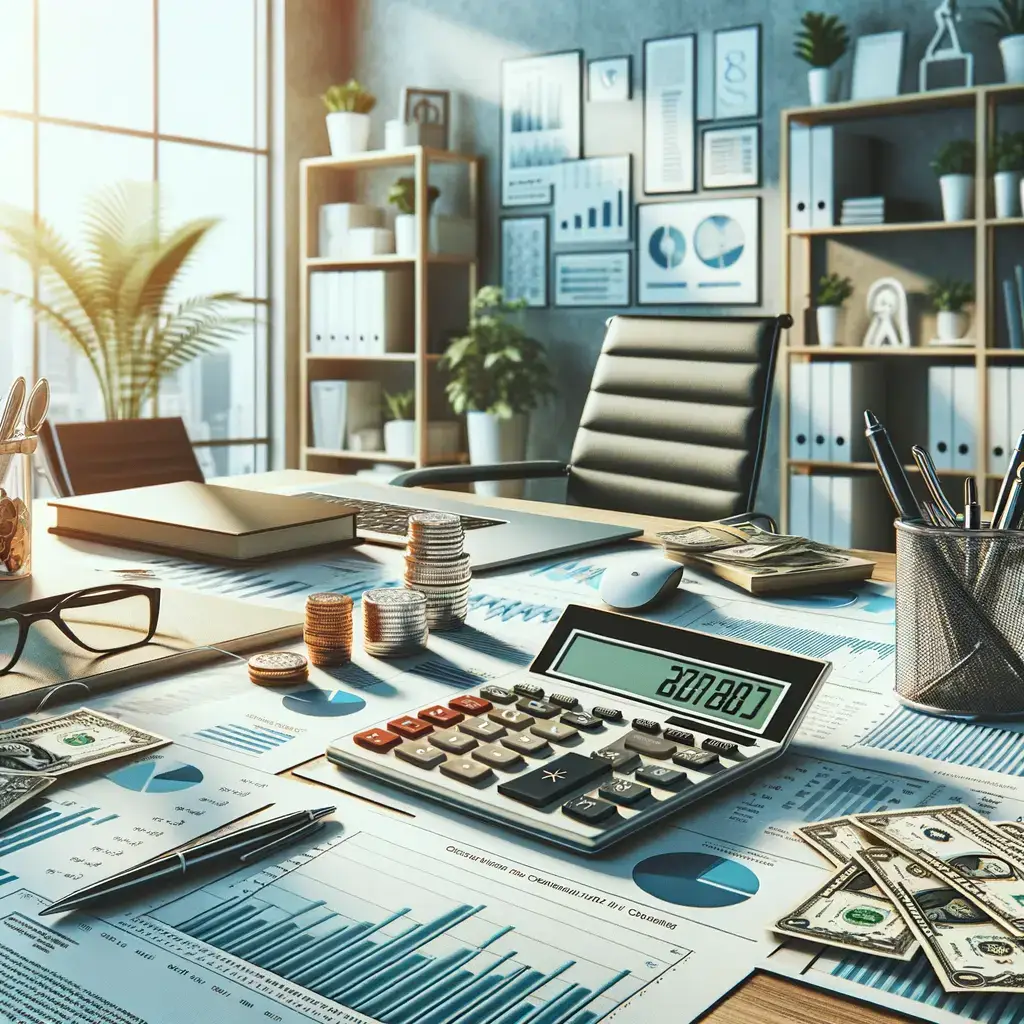 Imagen de un entorno de oficina moderna y organizada, enfocada en la contabilidad y la gestión financiera. En el escritorio se observa una calculadora, monedas apiladas y billetes de dólar, junto a gráficos y documentos que representan análisis de datos. El ambiente está iluminado por la luz natural que entra a través de grandes ventanas, complementado por plantas decorativas y estanterías con archivos. Este espacio refleja una atmósfera profesional ideal para la toma de decisiones financieras y la planificación empresarial
