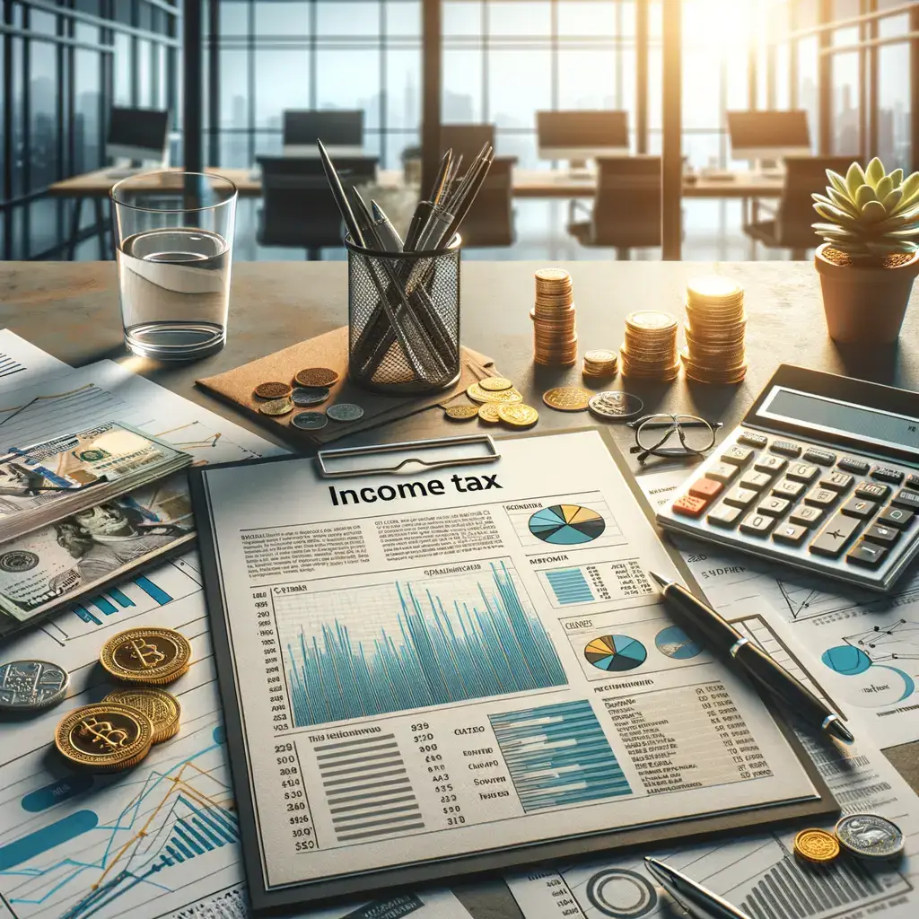 Mesa de trabajo con documentos de impuestos sobre la renta gráficos financieros calculadora monedas y billetes en un entorno de oficina moderna iluminada por la luz natural