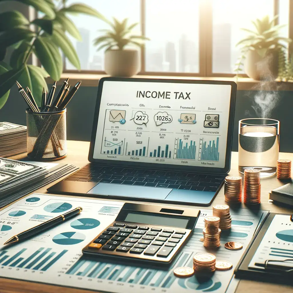 Imagen de un entorno de trabajo financiero que muestra un ordenador portátil con gráficos sobre impuestos sobre la renta. En la mesa hay una calculadora, documentos financieros, un bolígrafo y monedas apiladas, junto a un vaso con agua. La luz natural entra por la ventana, creando un ambiente productivo y organizado, ideal para la planificación financiera y la gestión de impuestos.