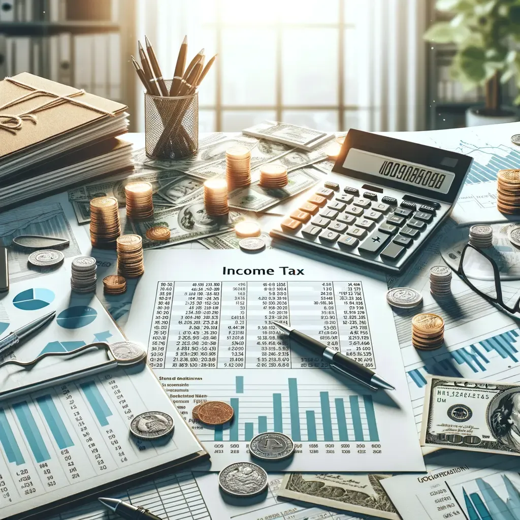 Imagen que muestra un escritorio desordenado con documentos financieros, gráficos y cálculos relacionados con impuestos sobre la renta. Se pueden ver monedas apiladas, billetes de dólar, una calculadora y varios bolígrafos. Este entorno refleja la planificación y gestión financiera, ideal para ilustrar temas de contabilidad, finanzas personales y asesoría fiscal. La luz natural que entra por la ventana añade un toque cálido a la escena, enfatizando la importancia de una correcta administración de los recursos económicos