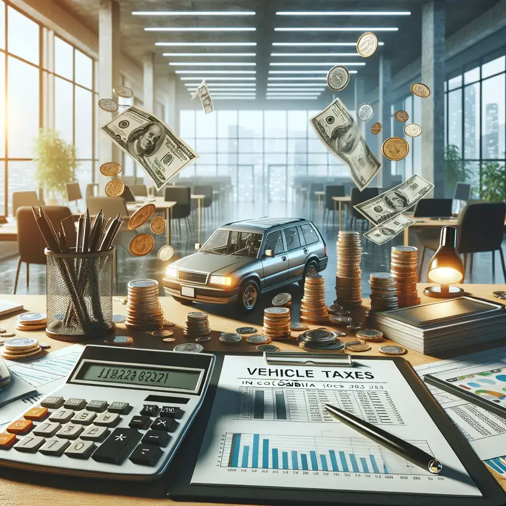 Imagen que representa la gestión de impuestos vehiculares en un entorno de oficina moderno. En la mesa se observan monedas apiladas, billetes de dólar flotantes y un modelo de automóvil, simbolizando la inversión y los gastos asociados a los vehículos. También hay una calculadora y documentos que indican la importancia de la planificación financiera para el pago de impuestos. Este concepto destaca la relevancia de la administración eficiente de las finanzas en el ámbito automotriz y tributario, especialmente en Colombia.