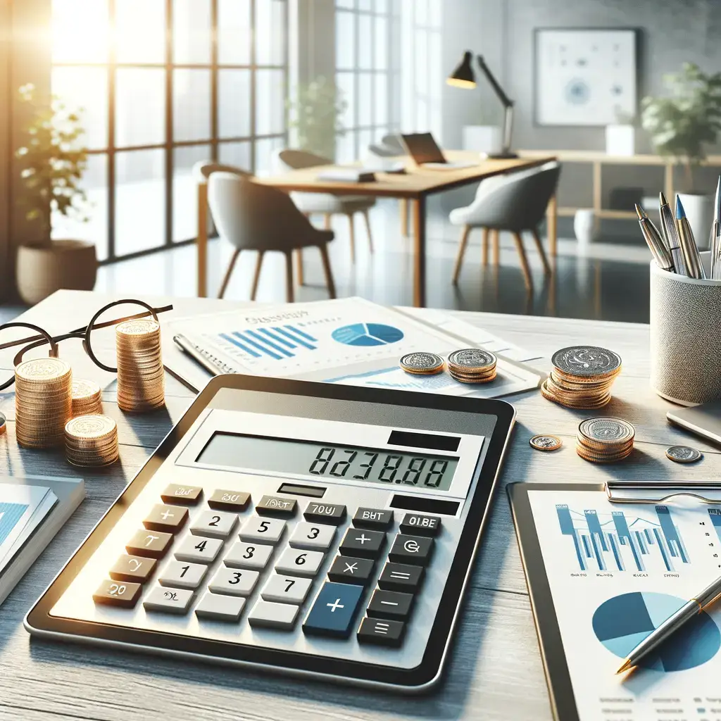 Imagen de un entorno de oficina moderna con un enfoque en herramientas financieras. En la mesa se observa una calculadora de escritorio, monedas apiladas y gráficos de análisis financiero. Los documentos incluyen gráficos de barras y diagramas circulares, proporcionando una representación visual de datos económicos. La iluminación natural resalta el ambiente profesional, ideal para actividades de contabilidad y planificación financiera.