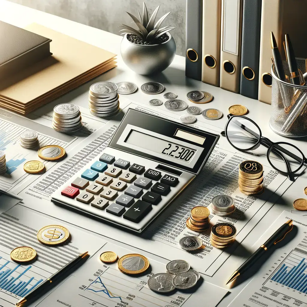 Imagen de un escritorio de trabajo financiero que incluye una calculadora, monedas apiladas y documentos con gráficos y datos. Se pueden ver billetes y un bolígrafo, junto a unas gafas y una pequeña planta decorativa. Este ambiente refleja la organización y el análisis financiero, ideal para profesionales que gestionan presupuestos y realizan cálculos económicos.