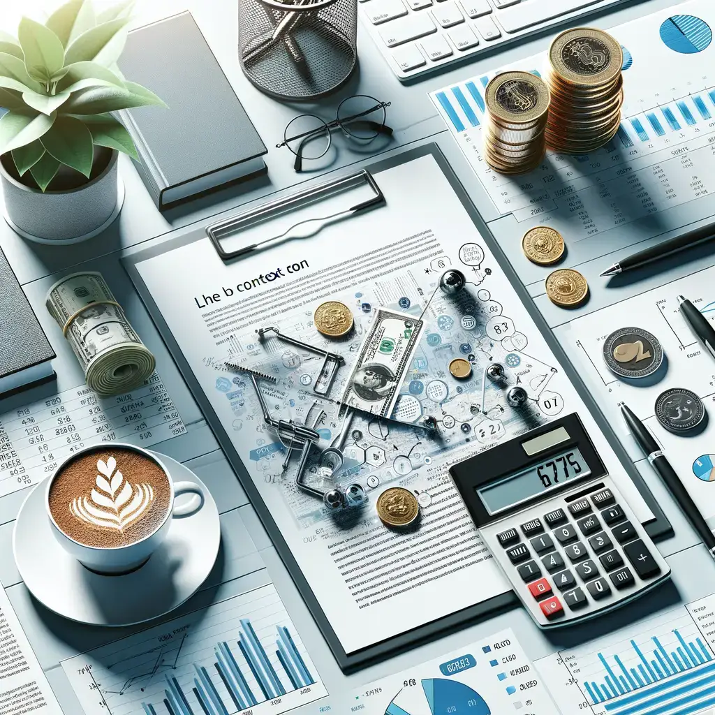 Imagen que muestra un entorno de trabajo financiero y de análisis, con documentos, gráficos y estadísticas sobre una mesa. Se pueden ver billetes de dólar, monedas, una calculadora, una taza de café con arte latte y un pequeño cactus. El fondo incluye gráficos de barras y líneas, reflejando datos económicos. Esta imagen representa la planificación financiera, el análisis de datos y la gestión de inversiones, ideal para temas relacionados con finanzas, contabilidad y negocios.