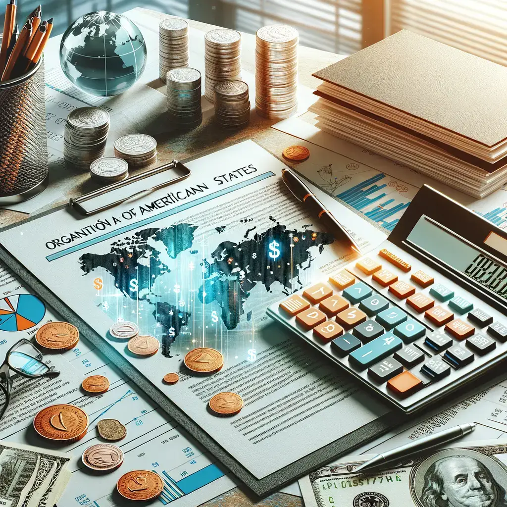 Imagen que muestra un escritorio de trabajo financiero con documentos relacionados con la Organización de Estados Americanos. En la mesa se observan monedas, un calculador, gráficos económicos y un globo terráqueo. La composición incluye elementos que representan análisis de datos, como mapas y gráficos, lo que sugiere un enfoque en la economía y el comercio internacional. Ideal para temas de finanzas, comercio exterior y análisis económico.