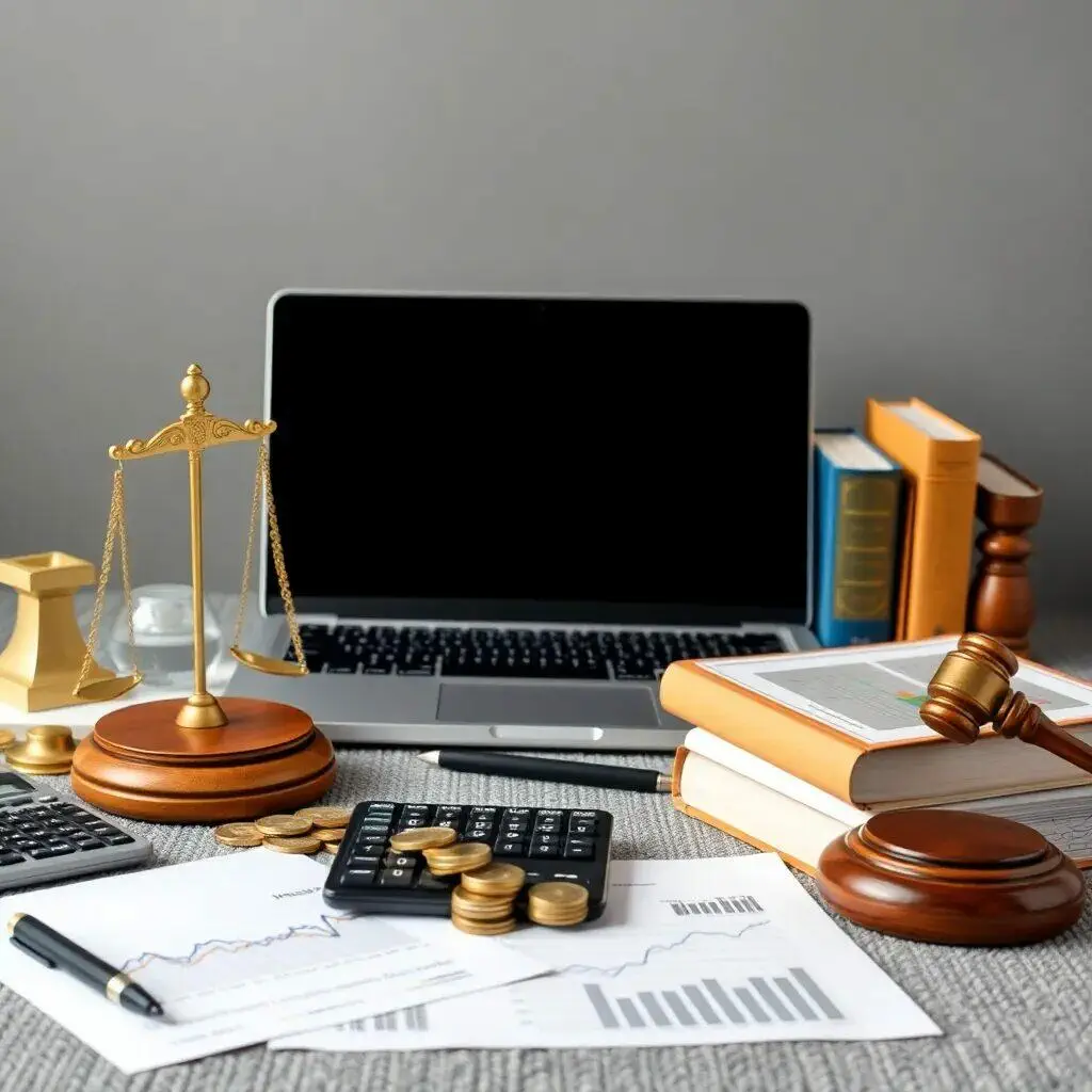 Escritorio de trabajo legal con laptop, balanza de justicia, libros de derecho, documentos financieros, calculadora y monedas, reflejando un ambiente profesional en el ámbito jurídico y financiero.