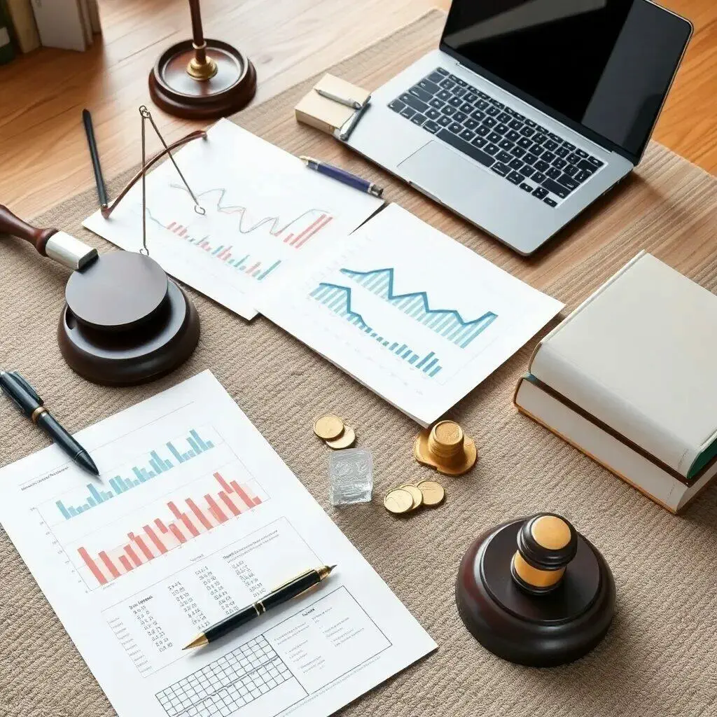 Imagen de un entorno de trabajo legal que incluye un mallete, documentos con gráficos y estadísticas, un ordenador portátil, bolígrafos y monedas. Los gráficos en los papeles reflejan análisis de datos, mientras que el mallete y los libros sugieren un enfoque profesional en el ámbito jurídico. Ideal para ilustrar temas relacionados con la ley, análisis financiero y gestión de casos legales.
