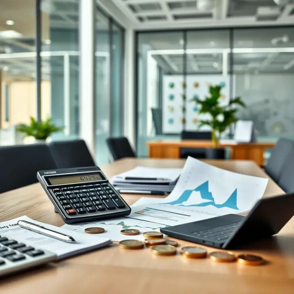 Mesa de oficina moderna con calculadora, documentos financieros y gráficos. En la imagen se observan monedas y un dispositivo portátil, todo en un entorno profesional iluminado. Ideal para representar la contabilidad, finanzas y análisis de datos en un espacio de trabajo.