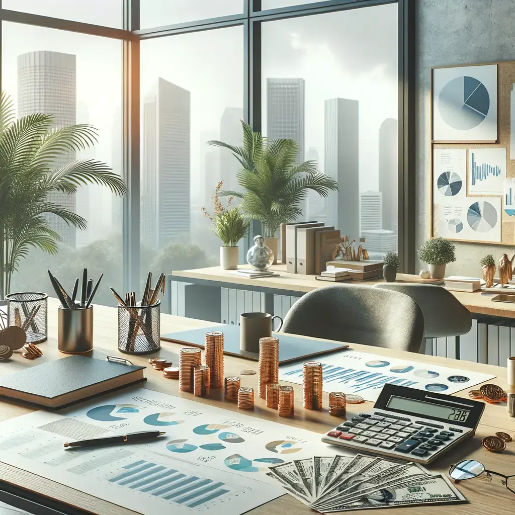Oficina moderna con vista panorámica de la ciudad, ideal para la gestión financiera. En la mesa se observan gráficos y reportes financieros, junto a pilas de monedas y billetes, lo que sugiere un análisis detallado de datos económicos. Elementos como calculadoras, bolígrafos y plantas decorativas aportan un ambiente profesional y acogedor. Este espacio es perfecto para reuniones de negocios y planificación estratégica.
