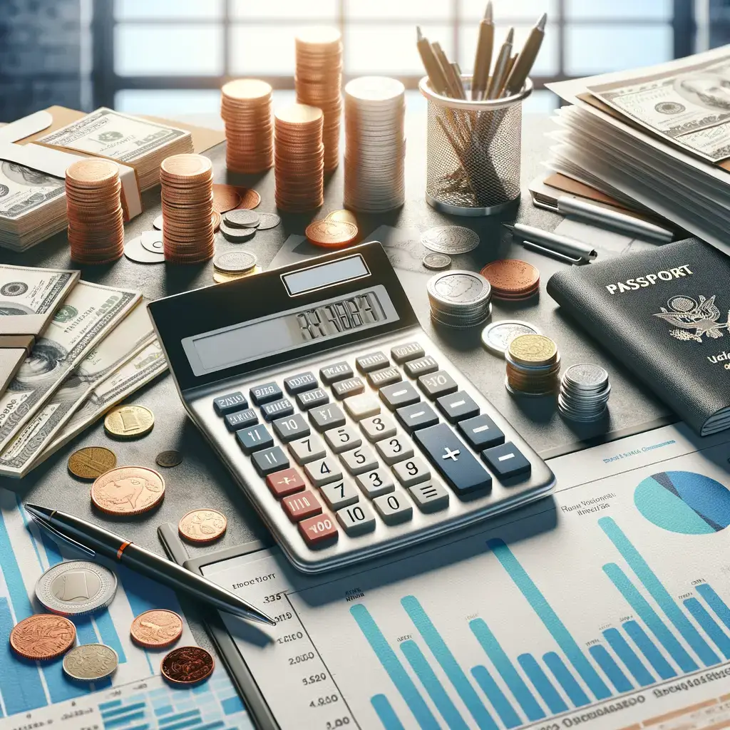 Mesa de trabajo con calculadora, monedas y billetes de dólar, un pasaporte y gráficos financieros, ideal para temas de contabilidad, finanzas y planificación económica.