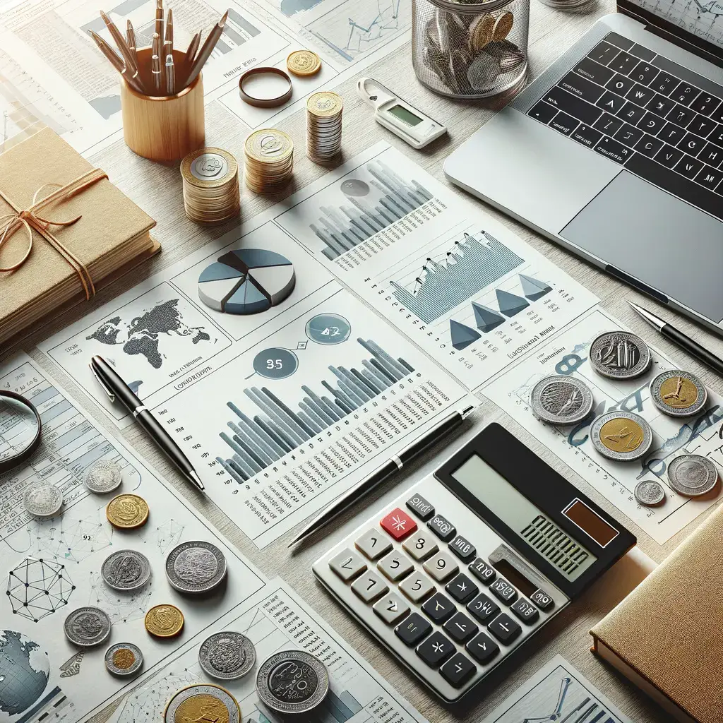 Imagen que muestra un entorno de trabajo financiero, con gráficos y estadísticas sobre papel, monedas de diferentes denominaciones, una calculadora, un ordenador portátil y utensilios de oficina. Los documentos incluyen análisis de datos y gráficos que reflejan tendencias económicas. Esta composición ilustra la planificación financiera y el análisis de datos, siendo útil para profesionales en finanzas y negocios.